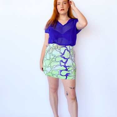 Y2K Silver and Green Animal Print Mini Skirt, sz. M-XL