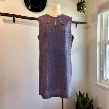 Vintage Mod 1970s Pink & Blue Zig Zag Cut Out Detail Mini Dress Size Medium 