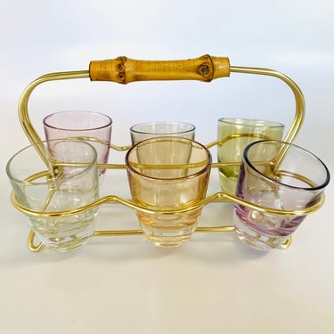 50s Vintage Shot Glass Set Holder Bamboo Handle Mid Century Barware 