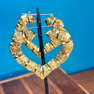 Vintage Heart Hoop Earrings Large Bamboo Texture Retro Fashion Love Gold Tone 