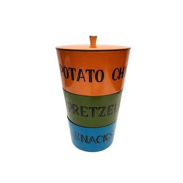 1970s Vintage Snacks Tower Canister Set, Potato Chips Pretzels Stacking Storage, Lacquerware Countertop Kitchen Nesting Bowls, Mid Century 