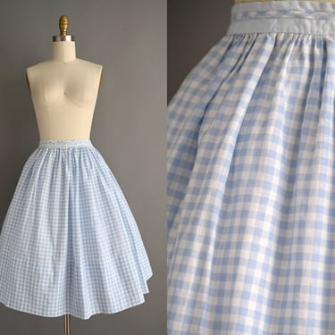 vintage 1950s Skirt | Miss Pat Blue Gingham Cotton Full Skirt | Small 