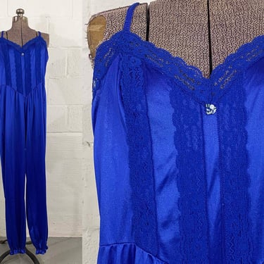 Vintage Royal Blue Jumpsuit Slip Sleeveless Lady Cameo Dallas Pajamas Onesie 1980s 1990s Small XS 