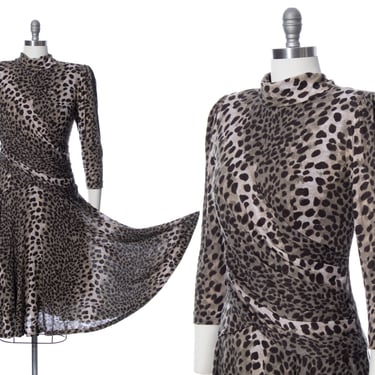Vintage 1980s Dress | 80s Leopard Animal Print Jersey Draped Drop Waist Long Sleeve Circle Skirt Fall Winter Dress (medium) 