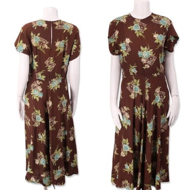 40s brown floral print dress 30" / vintage 40s day dress / 1940s cold rayon print / 40s womens clothing sz M 