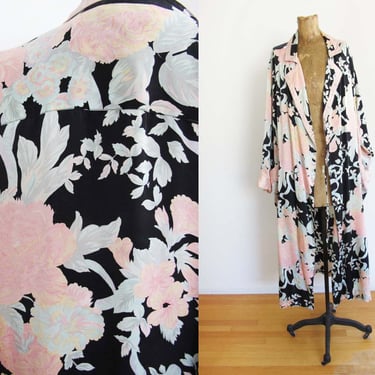 Vintage 80s Black Floral Silk Long Sleeve Robe - 1980s Pink Mint Getting Ready Bridal Lounge Floor Length Dressing Robe 