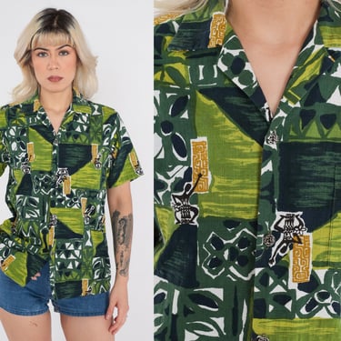 70s Hawaiian Shirt Green Tropical Top Geometric Bohemian Shirt 1970s Hippie Short Sleeve Button Up Boho Retro Tiki Shirt Men's Small S 