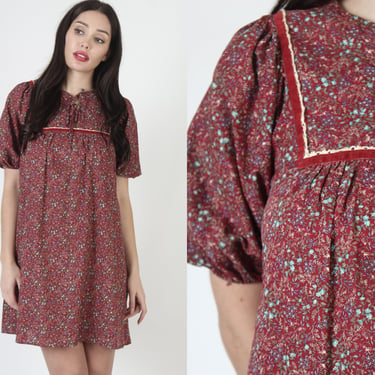 70s Burgundy Calico Dress / Country Style Bohemian Sundress / Maroon Tiny Floral Print / Light weight Sun Mini Frock 