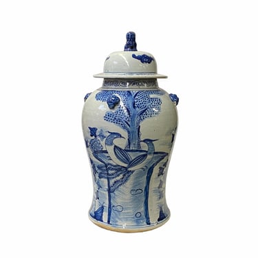 Chinese Blue White Porcelain Flower Birds Graphic Temple Jar ws1654E 