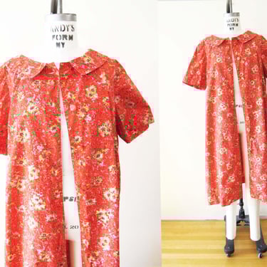 Vintage 60s Cotton House Dress Duster Jacket - 1960s Red Green Abstract Floral Collared Button Up Casual Mumu 
