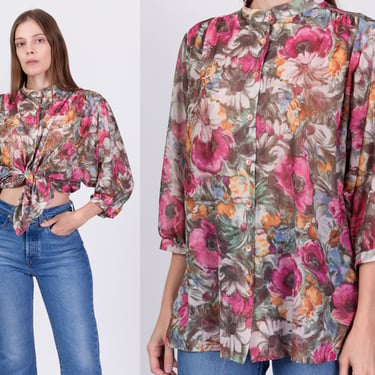 70s Boho Sheer Floral Dolman Sleeve Blouse - Extra Large | Vintage Button Up Batwing 3/4 Sleeve BohoTop 