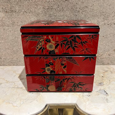 1960s Decorative Asian Red Storage Bento Stacking Box Set 