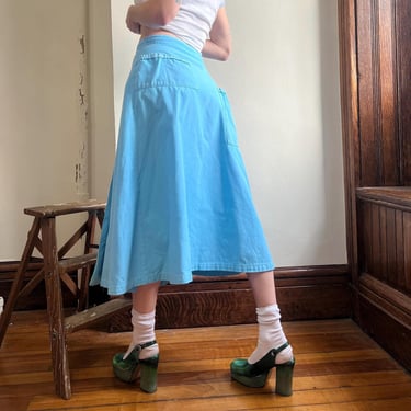 Late 40’s/early 50’s vintage light blue White Stag sailcloth carpenter skirt with white contrast stitching 