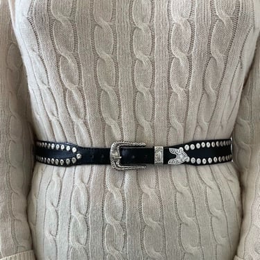 Vintage 1990s Womens Black Leather Silver Studded Western Rodeo Belt Sz S 