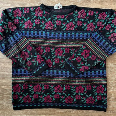 80’s Italian Funky Floral Striped Crew Neck Sweater Medium 