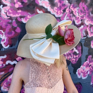 Vintage 1970s wide brim straw hat, pink rose and bow, summer wedding, millinery 