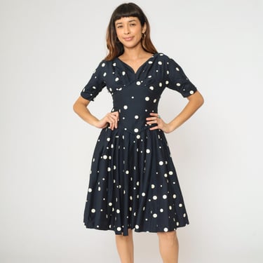 1950s blue polka dot dress vintage 1950s blue polka dot dress / circle skirt / rhinestone buttons –  Retro Trend Vintage main image 0
