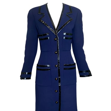 Chanel 90s Tailored Navy Blue Coat Dress with Patent Leather Trim