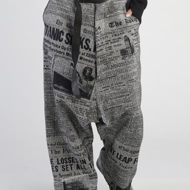 Newspaper Print Drop Seat Straight Leg Trousers