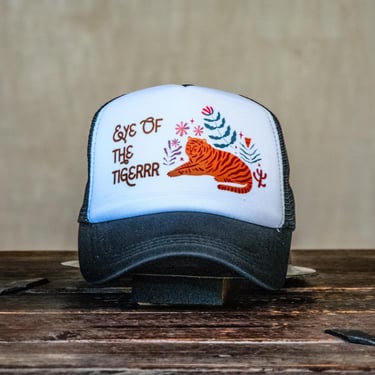 Ready to Ship | Trucker Hat | Hand Printed | Eye of the Tiger | Black Hat 