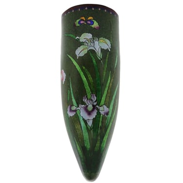 1880's Antique Rare Japanese Meiji Cloisonne Green Enamel Round Bullet Shaped Wall Pocket Hanging Vase With Butterflies and Iris Flowers 