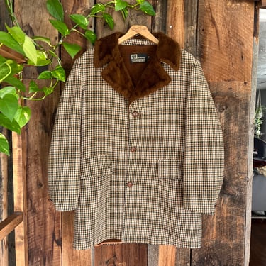 Vintage 70s Houndstooth Sherpa Lined Marlboro Rancher winter coat size L/XL 