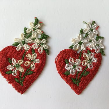 Vintage Embroidered Heart With Flowers Patch,  Set Of 2 Hearts With White Floral Embellishments, Sew On Patch 