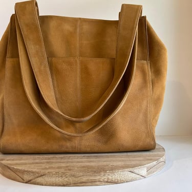 Vintage 90s LJS Collection Tan Distressed Genuine Leather Oversized Tote Bag 