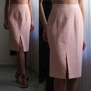 Vintage 90s RICHARD TYLER Baby Pink Diamond Polkadot Woven Textured High Waisted Silk Lined Skirt | Designer Sample | 1990s Designer Skirt 