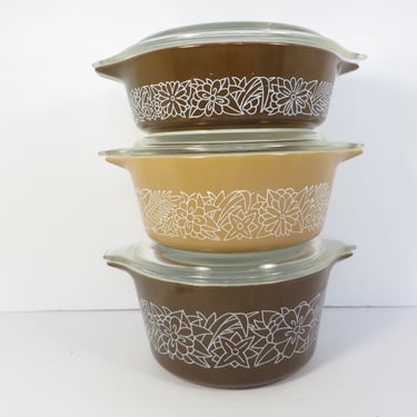 Vintage Pyrex Brown Woodland Cinderella Casseroles - Brown Woodland Pyrex 471,472 and 473 Lidded Casseroles 