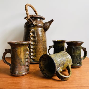 Vintage 1969 pottery tea or coffee set with four mugs / signed handmade ceramics marked CSC 