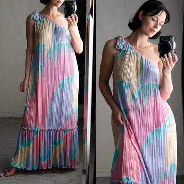 Vintage 80s Mary McFadden Collection Pastel Palm Print Fortuny Plisse Single Shoulder Dress | Made in USA | 1980s Designer Summer Dress 