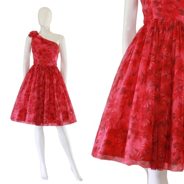 1950s Pink & Red Rose Print Chiffon Asymmetrical Fit and Flare Dress - 1950s Rose Print Dress - 1950s Floral Chiffon Dress | Size Small 