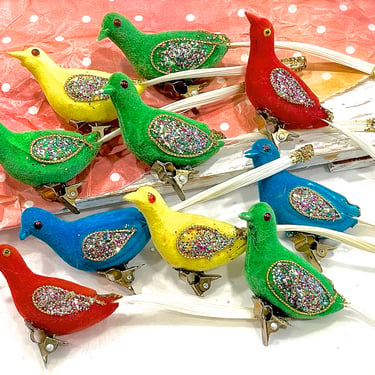 VINTAGE: 10pcs - Flocked Bird Clip Ornaments - Bird Ornament - Colorful Birds - SKU 00035659 