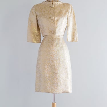 Fabulous 1960's Gold Brocade Cocktail Dress & Jacket Set / Small
