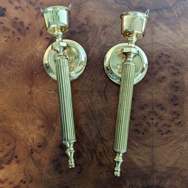 Pair of Heavy Vintage Brass Wall Mount Candlestick Holders 