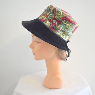 1960s Wool Paisley and Black Velvet Wide Brim Hat 