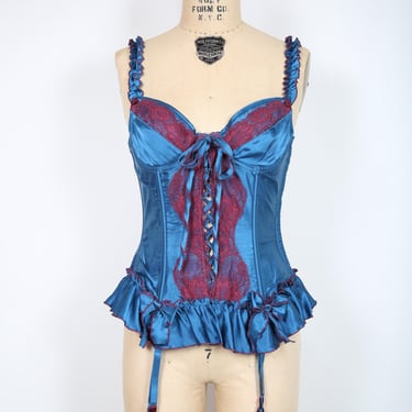 Blue and Burgundy Bustier Corset Bra Top Lingerie Lace Streetwear Medieval Renaissance Festival Steampunk 