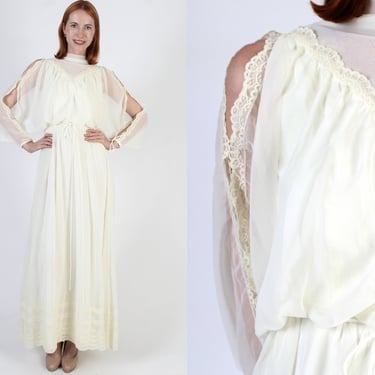 Romantic Cream Lace Wedding Dress, Floral Cut Out Sheer Sleeves, Victorian 70s Long Bridal Belted Maxi Gown 