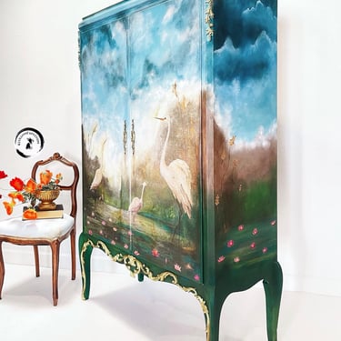 French Louis XV Armoire Eclectic Armoire hand Painted Fairy tale  Inspired. Bedroom Storage Cabinet. Colorful Entryway Cabinet. Whimsical 