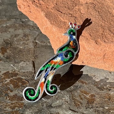 Fuentes ~ Vintage Mexico Sterling Silver and Colorful Enamel Peacock Bird Pin / Brooch 