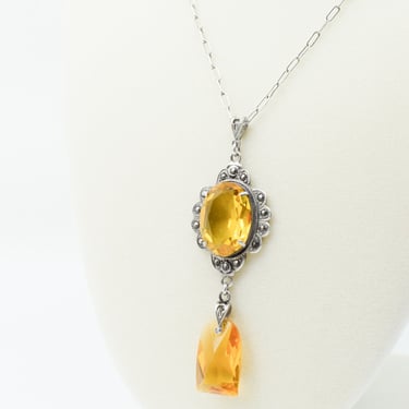 Antique Citrine Czech Glass and Sterling Pendant Necklace 