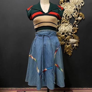 1970s denim skirt, rainbow stitched, vintage 70s skirt, pockets, applique, medium, Neiman Marcus, poupee', full, mod, high yoke waist, 28 