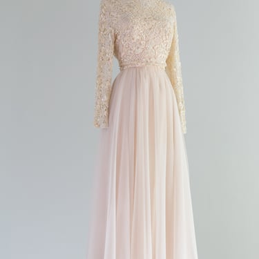 Beautiful Blushing Chiffon Evening Gown With Beaded Bodice / Medium