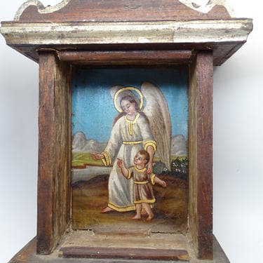 Early 1900's Mexican Nicho Altar Shrine with Jesus Christ and Guardian Angel Retablo, Hand Painted Religious Art 