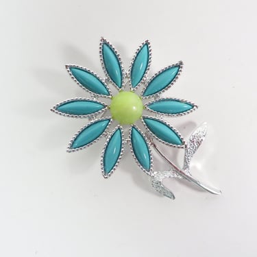 Vintage Turquoise Cabachon Flower Brooch - Sarah Coventry Flower Power Blue Daisy Pin 