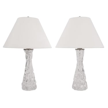 Pair of Exquisite Petit Textured Glass Table Lamps by Carl Fagerlund for Orrefors 1957 (Signed)