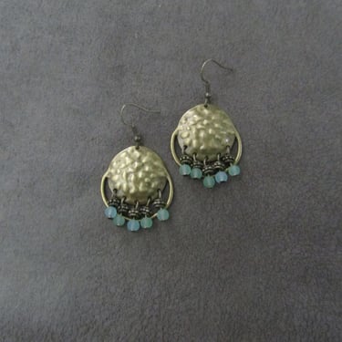 Sea green frosted glass and hammered bronze chandelier earrings 