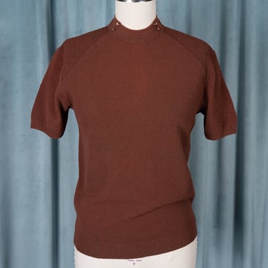 Vintage 1950s Exmoor Brown Short Sleeve Mockneck Sweater with Button Detail 