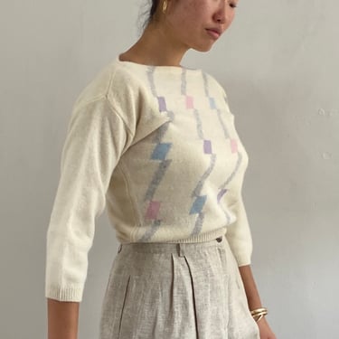 80s boatneck cropped sweater / vintage ivory lambswool angora pastel intarsia cube knit boatneck crop sweater | S 